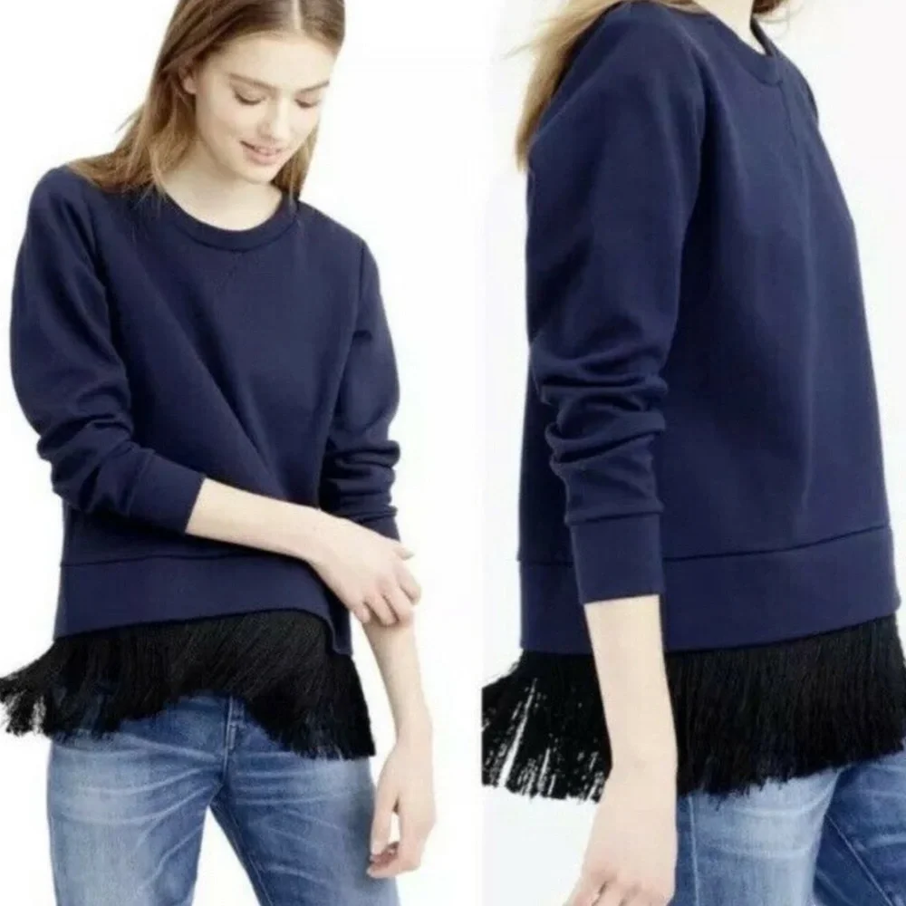 J.Crew- Navy Crewneck Sweater With Fringe Hem